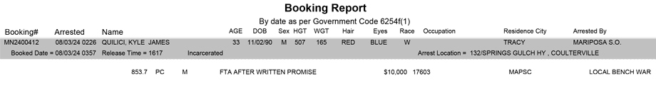 mariposa county booking report for august 3 2024