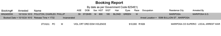 mariposa county booking report for october 10 2024