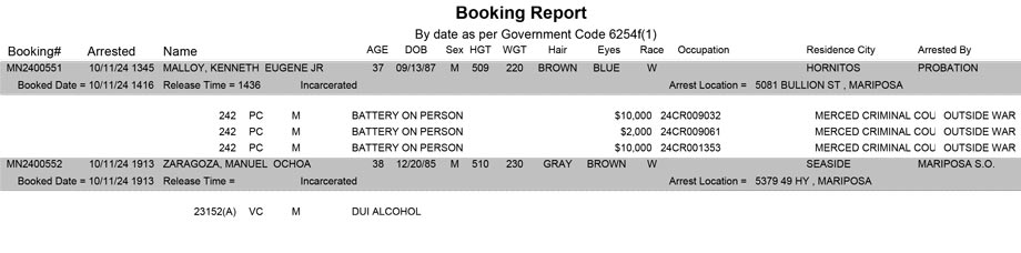 mariposa county booking report for october 11 2024