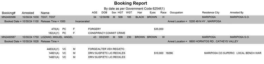 mariposa county booking report for october 30 2024