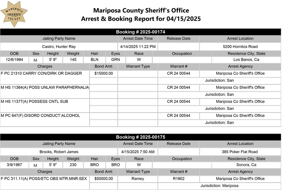 mariposa county booking report for april 15 2025