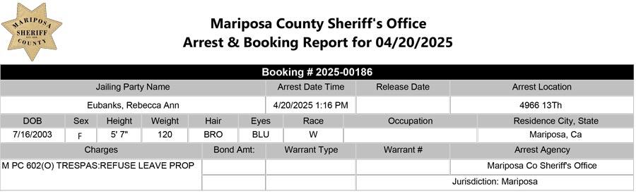 mariposa county booking report for april 20 2025