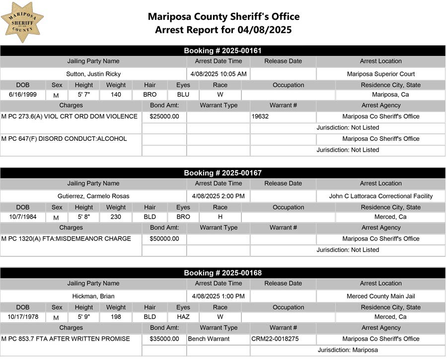 mariposa county booking report for april 8 2025