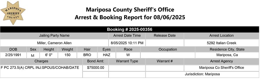 mariposa county booking report for august 6 2025