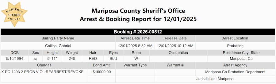 mariposa county booking report for december 1 2025
