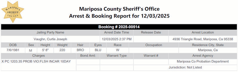 mariposa county booking report for december 3 2025