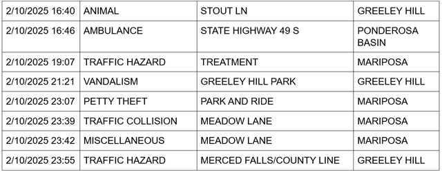 mariposa county booking report for february 10 2025 2