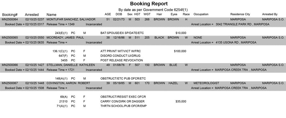mariposa county booking report for february 10 2025
