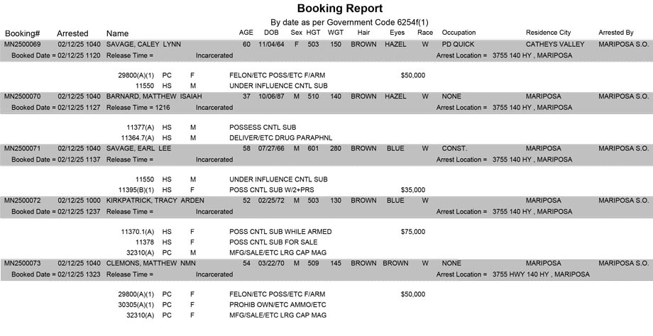 mariposa county booking report for february 12 2025