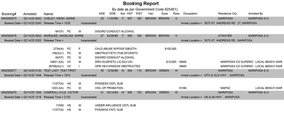 mariposa county booking report for february 14 2025
