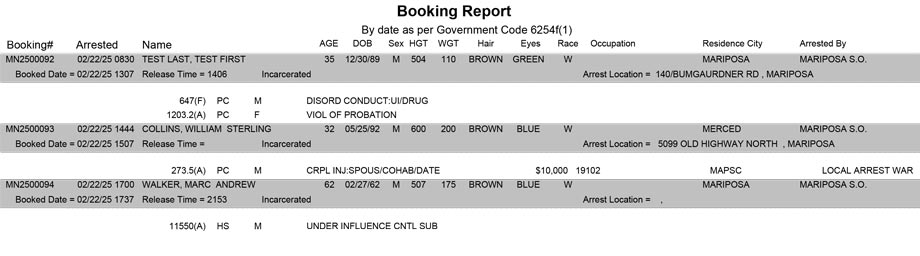 mariposa county booking report for february 22 2025
