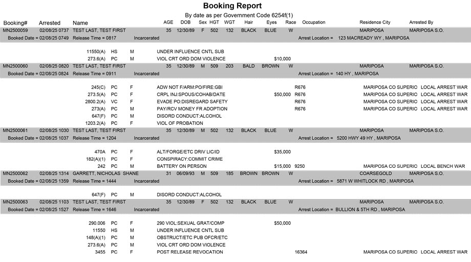 mariposa county booking report for february 8 2025