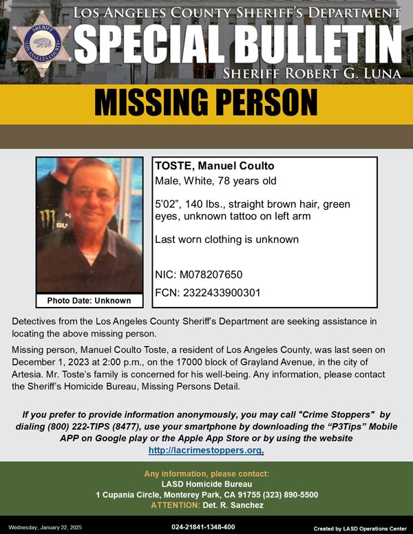 LASD missing Toste