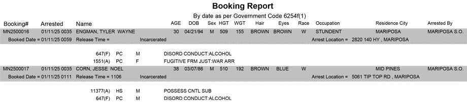 mariposa county booking report for january 11 2025