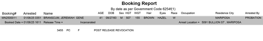 mariposa county booking report for january 6 2025
