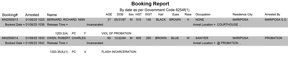 mariposa county booking report for january 8 2025