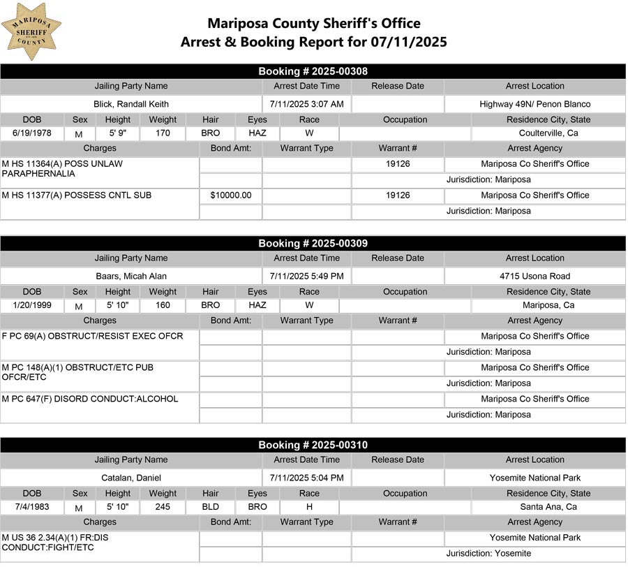 mariposa county booking report for july 11 2025