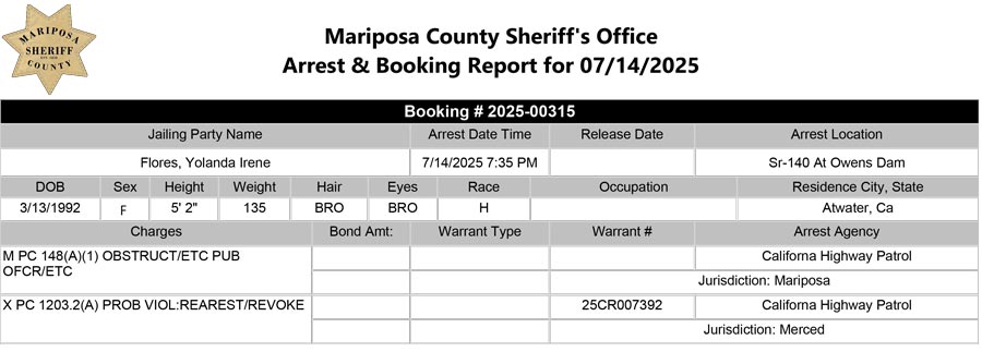 mariposa county booking report for july 14 2025