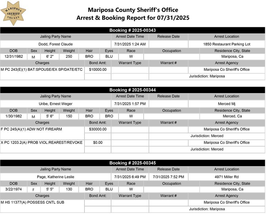 mariposa county booking report for july 31 2025