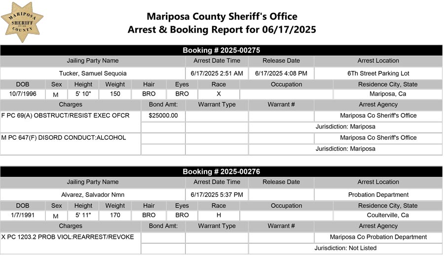 mariposa county booking report for june 17 2025