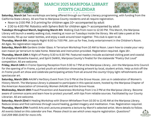 MCL March calendar