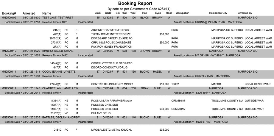 mariposa county booking report for march 1 2025