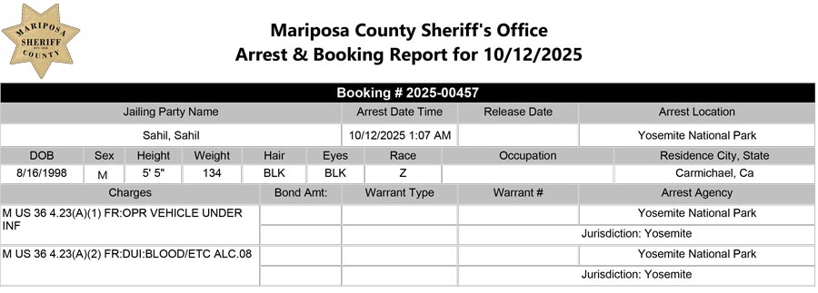 mariposa county booking report for october 12 2025