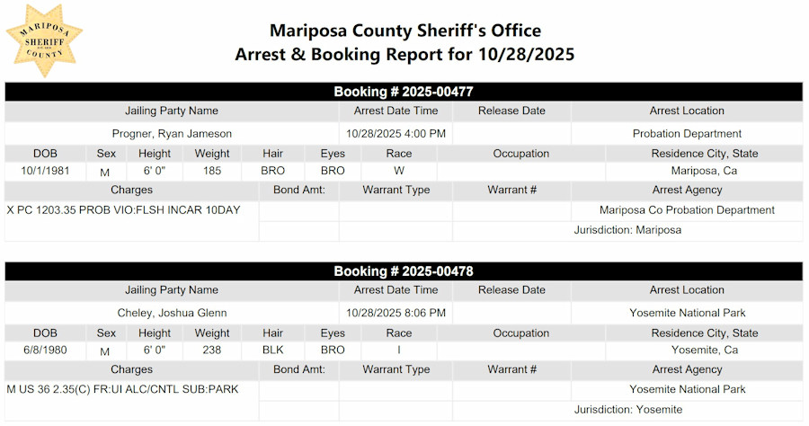 mariposa county booking report for october 28 2025