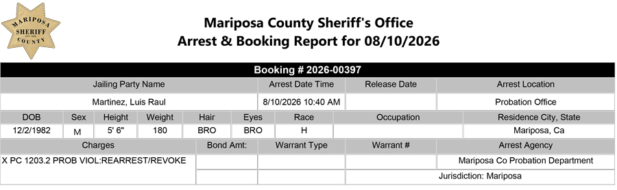 mariposa county booking report