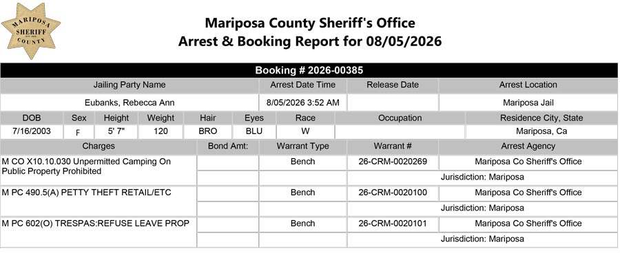 mariposa county booking report