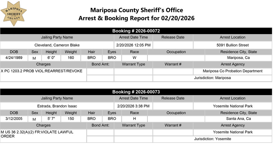 mariposa county booking report for february 20 2026