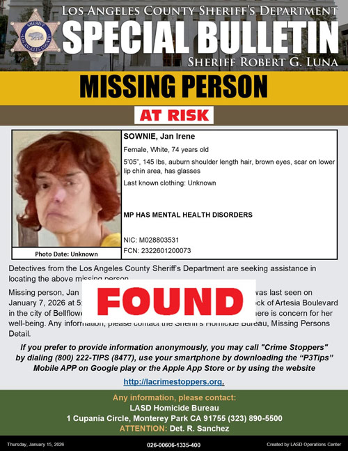 LASD missing Sownie found