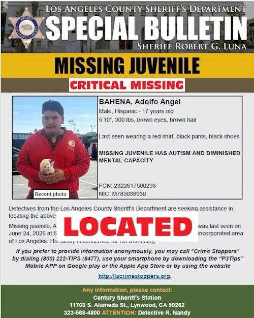 Critical Missing Juvenile Adolfo Angel Bahena Found