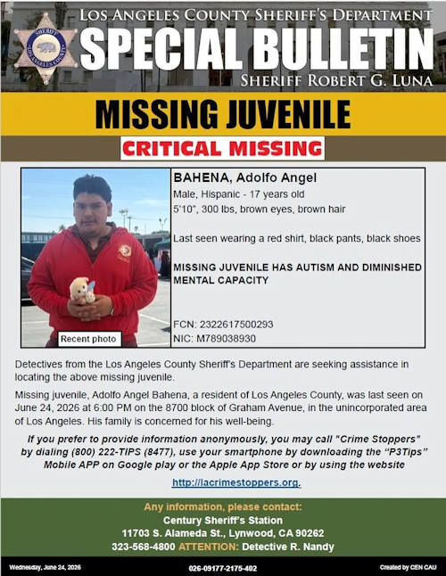 Critical Missing Juvenile Adolfo Angel Bahena