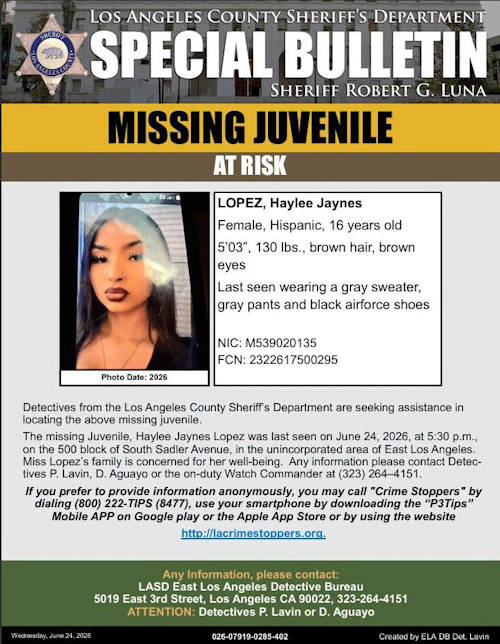 At-Risk Missing Juvenile Haylee Jaynes Lopez