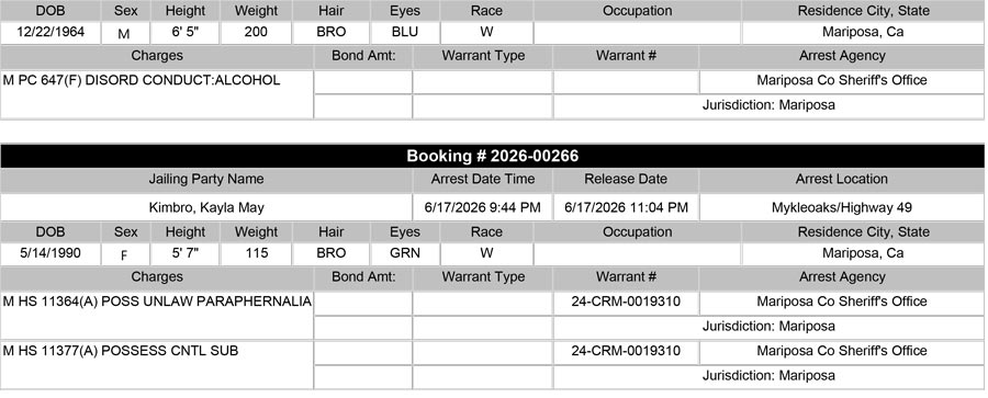 mariposa county booking report for june 17 2026 bb
