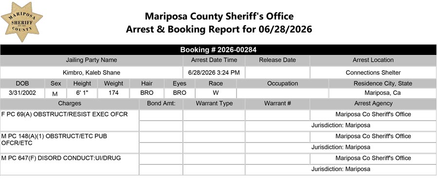 mariposa county booking report for june 28-2026