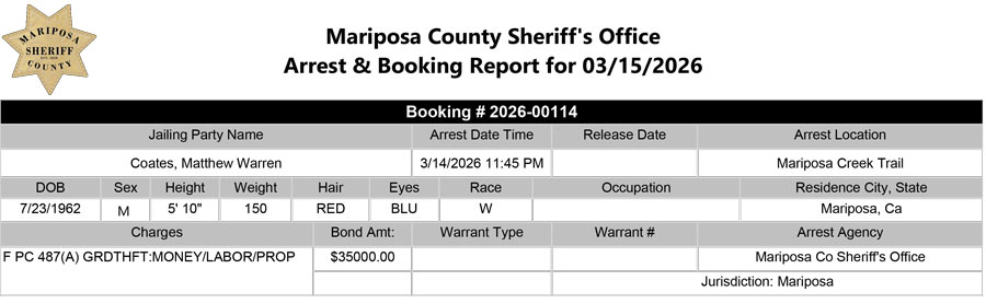 mariposa county booking report for march 15 2026