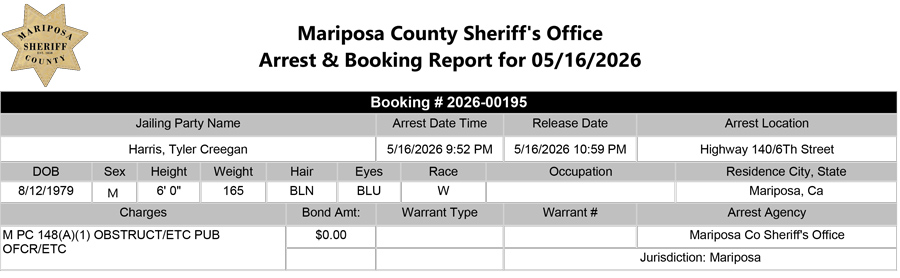 mariposa county booking report for may 16 2026