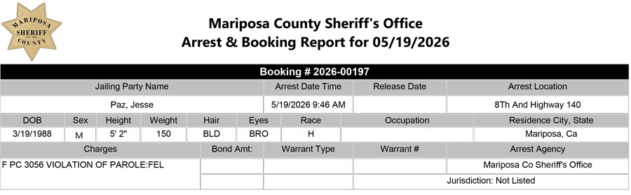 mariposa county booking report for may 19 2026