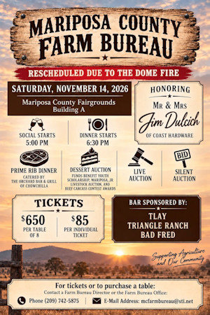 Mariposa County Farm Bureau to Host Annual Prime Rib Fundraiser Dinner on Saturday, October 10, 2026